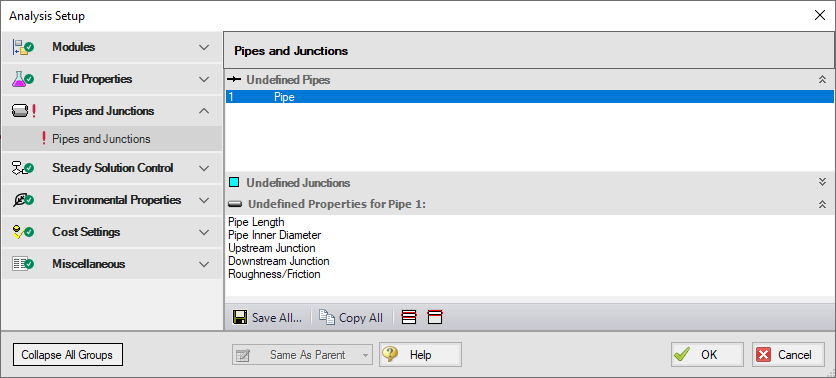 The Pipes and Junctions panel that shows the undefined properties for a pipe.